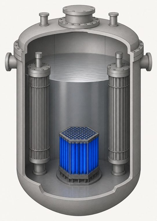 Illustrative cutaway of a pool-type fast reactor vessel, with the core in blue