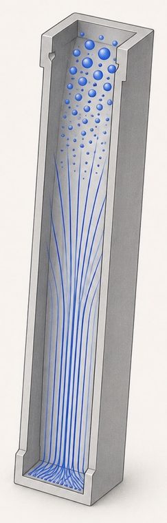A heated channel cut open, with the coolant rising through it